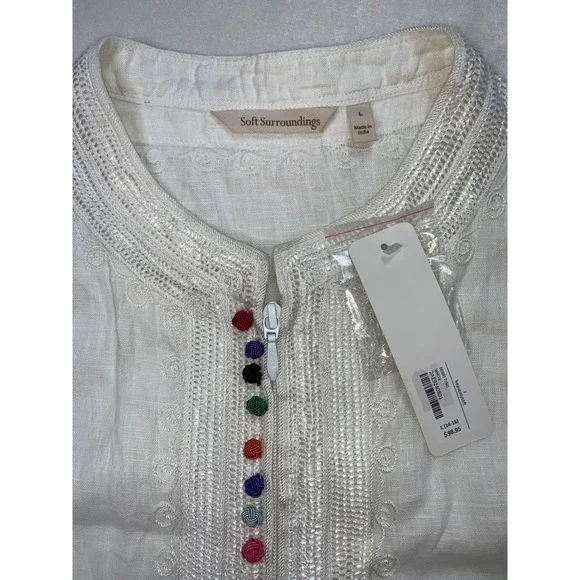 Soft Surroundings Linen Desert Tunic Top Embroidered Colorful Buttons India Sz L - Picture 3 of 8